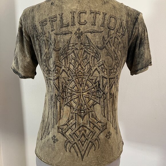 Affliction Battlefront Live Fast Sz S Iron Cross Military Green Wash Tee Shirt - Picture 4 of 8